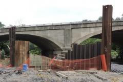 July 2021 - Temporary shoring is in place for construction of the new bridge carrying U.S. 1 over the Neshaminy Creek.